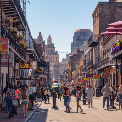 Immerse yourself in the lively atmosphere of Bourbon Street, a seven-minute walk away 
