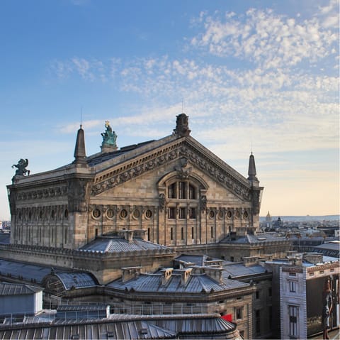 Visit the elegant Opéra Garnier, a twenty-minute stroll from your door
