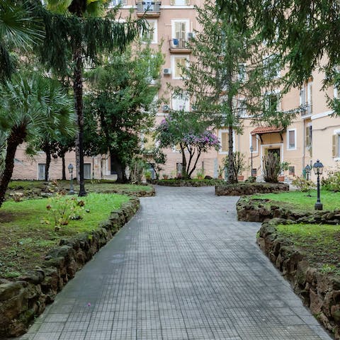 Enjoy strolling through the shared courtyard filled with greenery
