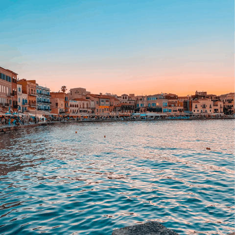 Explore Chania's beautiful waterfront – it's a thirty-six-minute drive