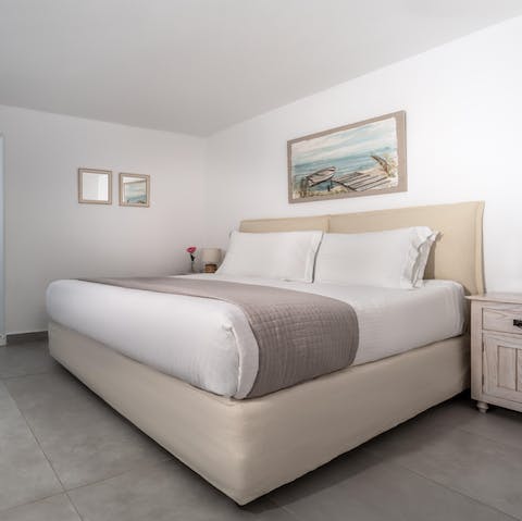 Wake up in the calming bedrooms feeling rested and ready for another day of Santorini sightseeing