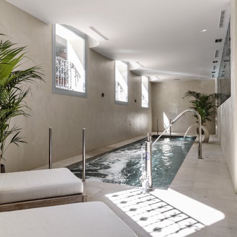 Unwind with a dip in the communal pool before relaxing in the sauna