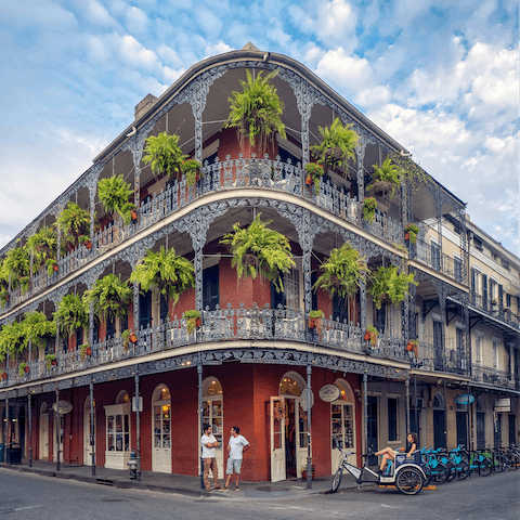 Meander around the French Quarter, Bourbon Street is just a three-minute walk