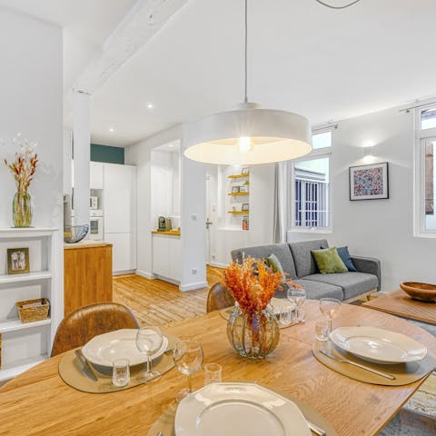 Enjoy hearty, homecooked cuisine on the stylish dining table