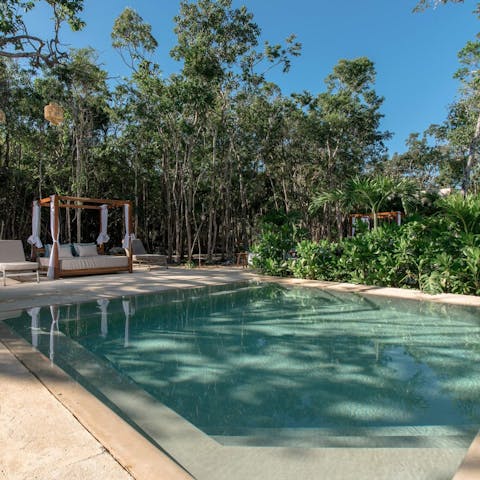 Go for a dip in the communal pool after a morning exploring the Aldea Zama jungle