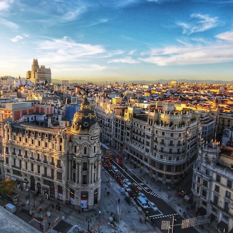 Explore the city from your brilliant spot just a fifteen-minute walk from Madrid's biggest attractions