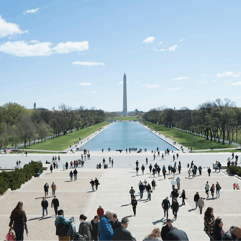 Visit the iconic National Mall, with its Washington Monument, a twenty-five-minute walk away