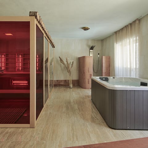 Unwind in the hot tub and spa, or get pampered in your own sauna