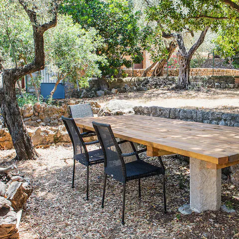 Share a sun-dappled meal with friends under the olive trees