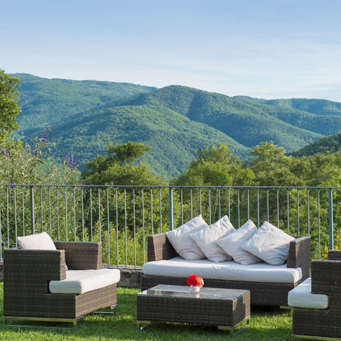 Choose between myriad comfy seating spots looking out over the rolling forest hills