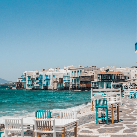 Wind your way through the old town of Mykonos and find the perfect spot for sunset drinks 