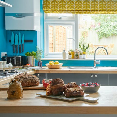 Dig into a delicious breakfast, lovingly prepared in the bright blue kitchen