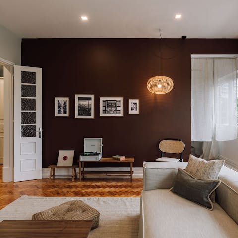 Relax in the peaceful living room while listening to some vinyl records 