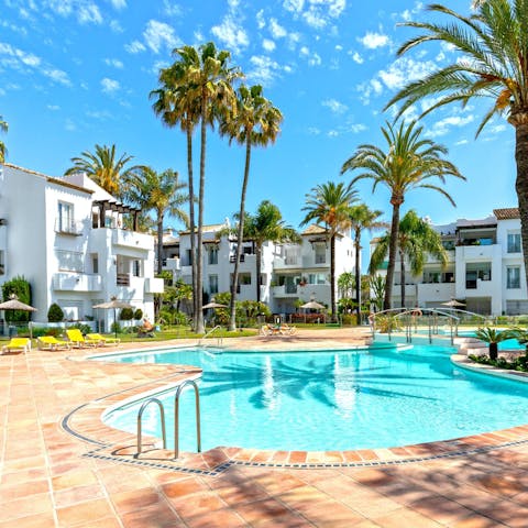 Relax by the resort's palm-tree-lined pool