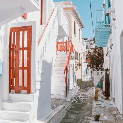 Head to Mykonos Town (Chora) for chic restaurants, bars and boutiques, 6.2 kilometres from this wonderful home
