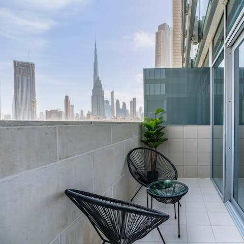 Unwind on the balcony with an iced tea and the Burj Khalifa views