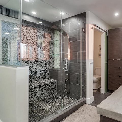 Relax in the impressive master bathroom