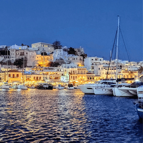 Reach the island of Naxos in one hour and forty minutes by car and ferry