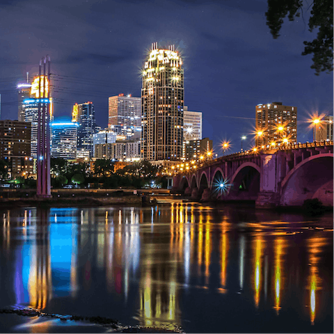Lose yourself to twilight city views from the Mississippi River, just a nine-minute stroll away