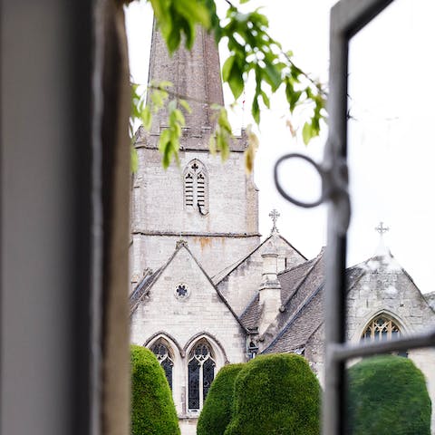 Gaze out the window and admire the view of the village's historic church