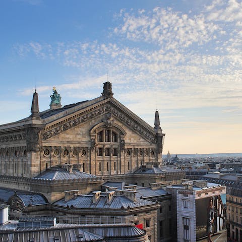 Spend a night at the opera at Palais Garnier, just over a twenty-minute stroll from this home