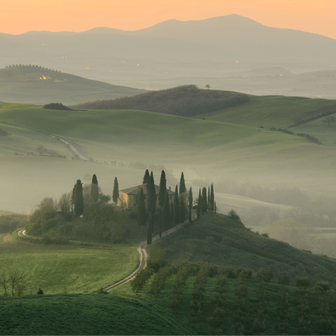 Explore the picturesque Tuscan landscape surrounding the farmhouse