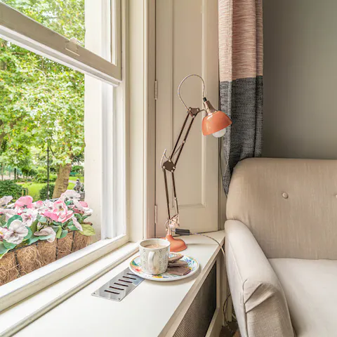 Enjoy your morning cuppa with a view of the leafy square opposite