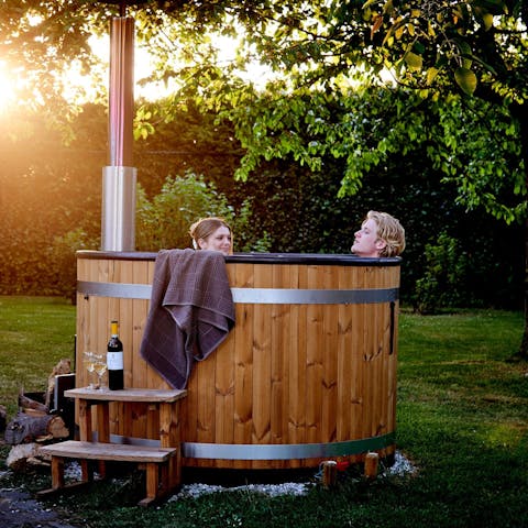 Rent the wood-fired hot tub for a rejuvinating soak beneath the trees