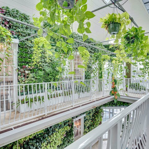 Explore the two-level botanical greenhouse at this fascinating home