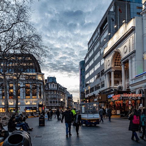Soak up the atmosphere of bustling Leicester Square, a three-minute walk away