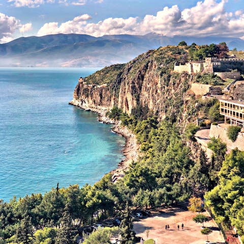 Reach the coast of the Peloponnese, a five-minute drive away