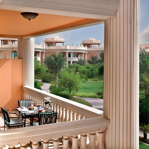 Sip your morning coffee on the balcony overlooking the gardens