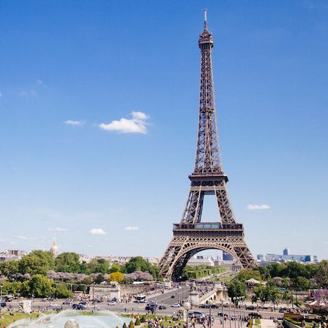 Visit Paris' iconic Eiffel Tower, a thirty-minute walk away