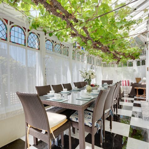 Dine in style beneath the twisting vines in the conservatory