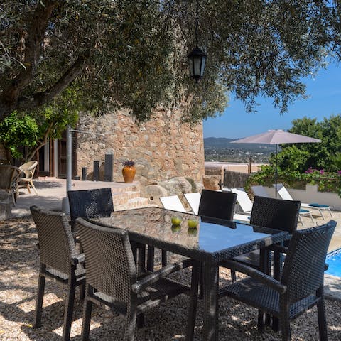 Dine outside under the shade of the olive tree