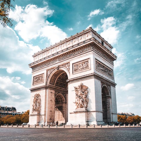 Visit Paris' iconic Arc de Triomphe, a twenty-minute walk away