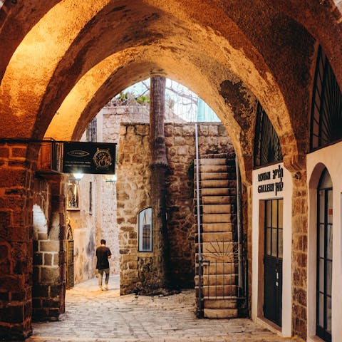 Discover the cobblestone alleyways of Old Jaffa, which is a thirteen-minute drive away