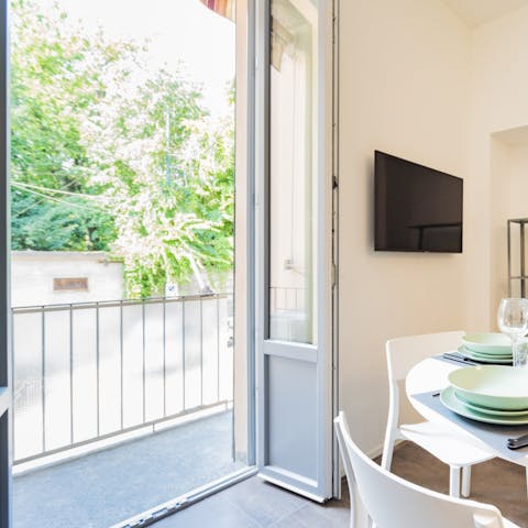 Breakfast in the sunny breeze from the Juliet balcony