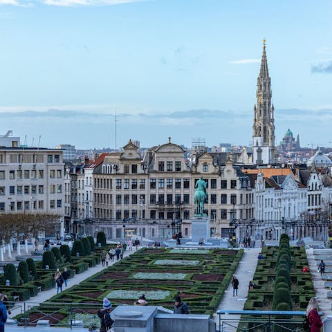 Look out over the spires of the town hall from the Mont des Arts, just round the corner