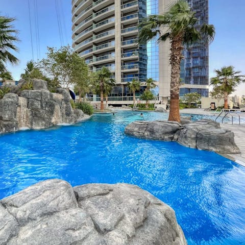 Take a break from the heat with a refreshing dip in the communal pool 