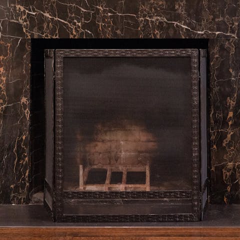 A wood-burning fireplace