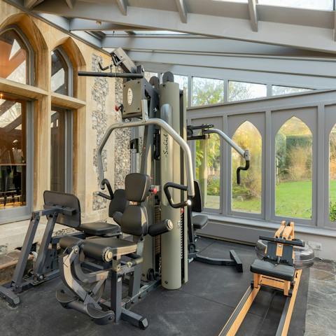 Change into your gym kit and push yourself in the gym in the conservatory