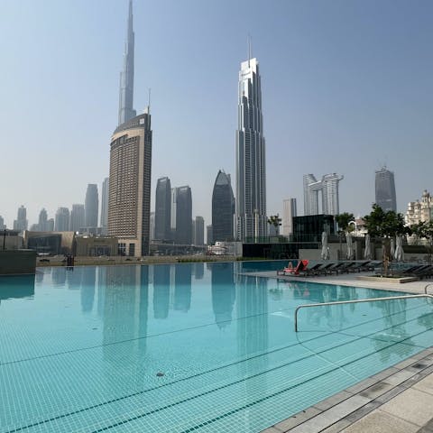 Cool off in the communal swimming pool and admire the skyline views