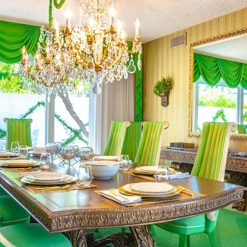 Make mealtimes a fabulous occasion in the retro green dining room