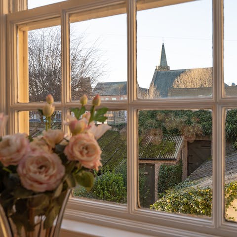 Enjoy a view of the rooftops and church spire in historic Richmond