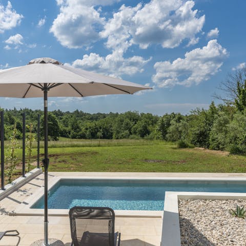 Sunbathe next to the glistening pool and beautiful greenery