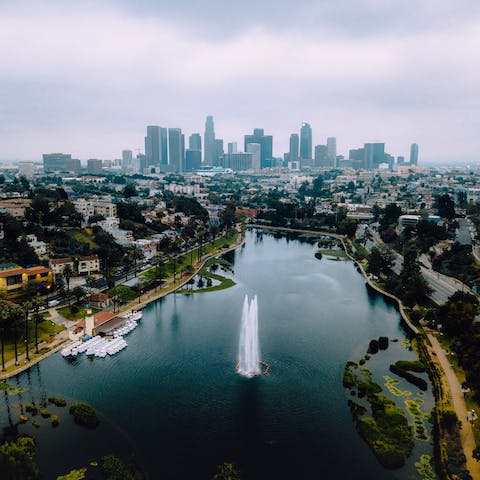 Stroll around Echo Park and its beautiful lake, a four-minute walk away