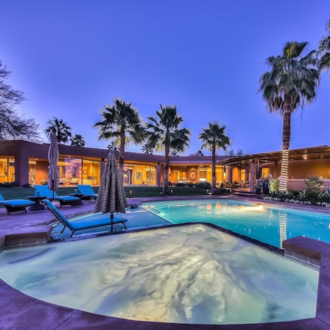 Take a twilight dip in the pool and hot tub