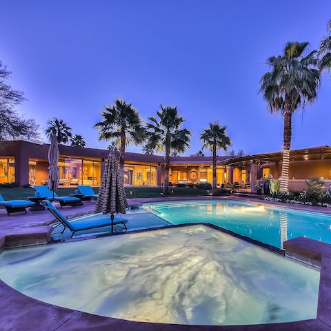 Take a twilight dip in the pool and hot tub