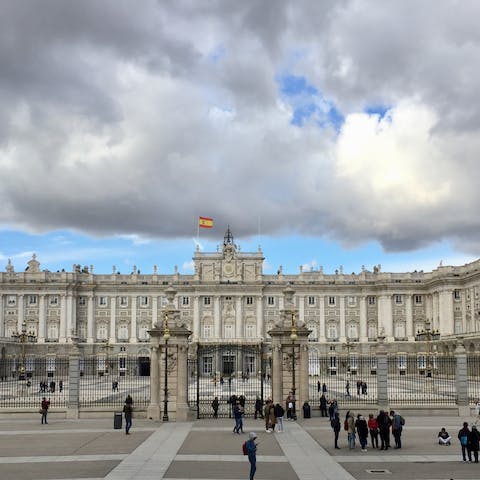 Stay just a fifteen-minute walk away from the grand Palacio Real de Madrid